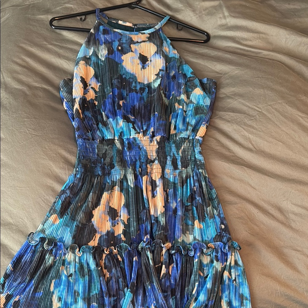 Dress the Population Blue and White Ruffled Halter Mini Dress